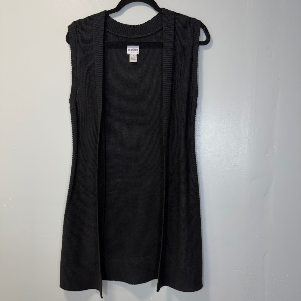 Chicos Womens Size 0 Small Black Open Front Longline Knit‎ Cardigan Vest